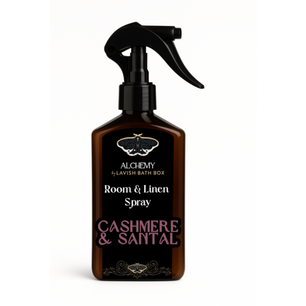 Room and linen spray bottle labeled 'Cashmere & Santal' by Alchemy of Lavish Bath Box on a white background.