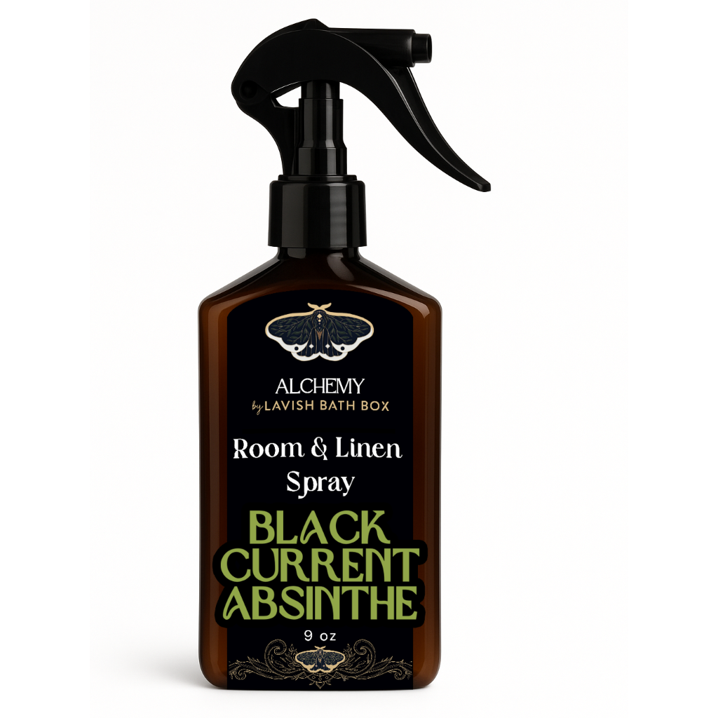 Brown spray bottle labeled 'Black Current Absinthe' by Alchemy of Lavish Bath Box on a white background