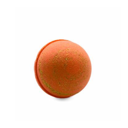 Orange bath bomb with gold glitter on a white background