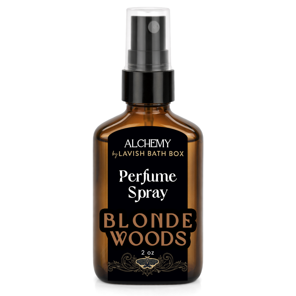Perfume spray bottle labeled 'Blonde Woods' by Alchemy of Lavish Bath Box on a white background