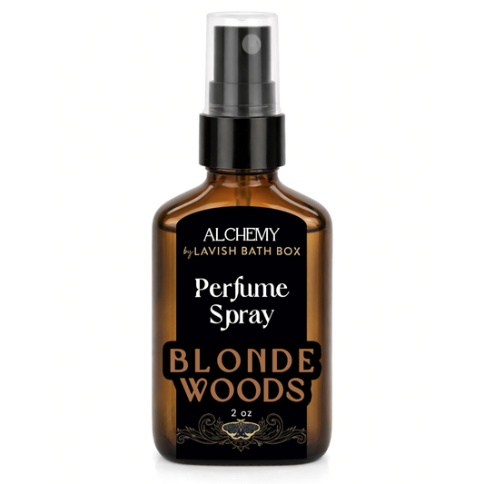 Perfume spray bottle labeled 'Blonde Woods' by Alchemy of Lavish Bath Box on a white background