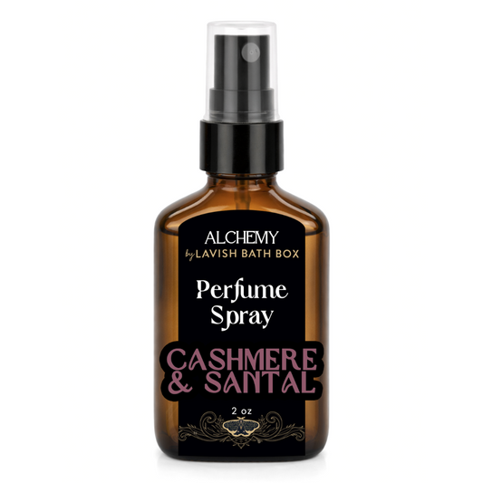 Perfume spray bottle labeled 'Cashmere & Santal' by Alchemy of Lavish Bath Box on a white background